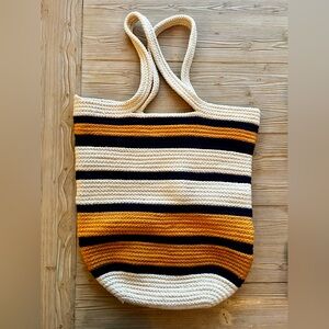 Crosstree Lane 100% Cotton Striped Braided Tote | New | Mustard Navy Cream